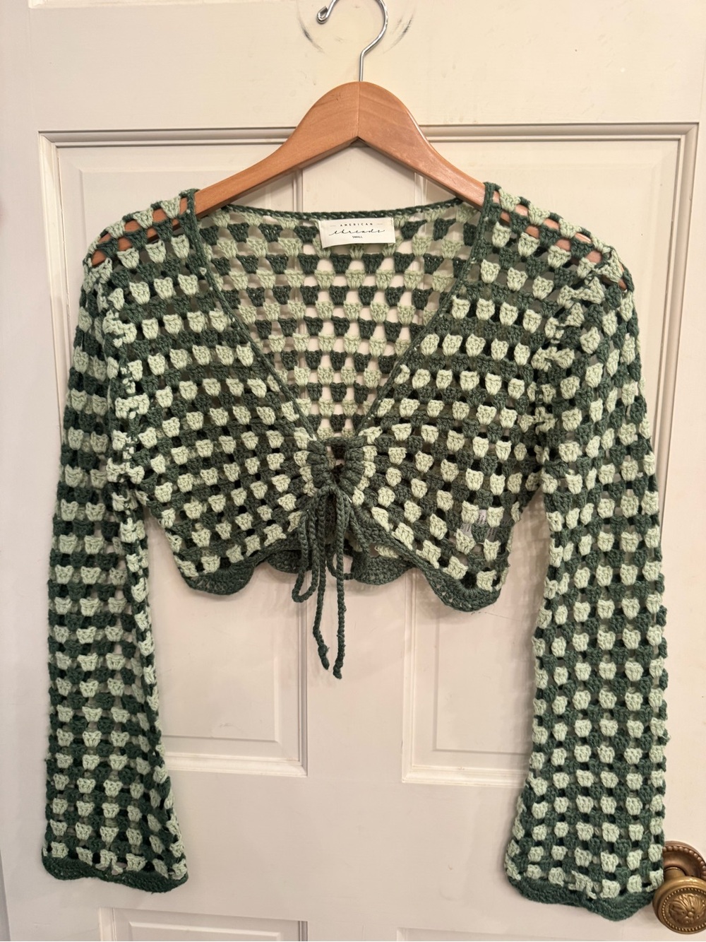 American Threads Crochet Openwork Cardigan in Sage & Forest Green
